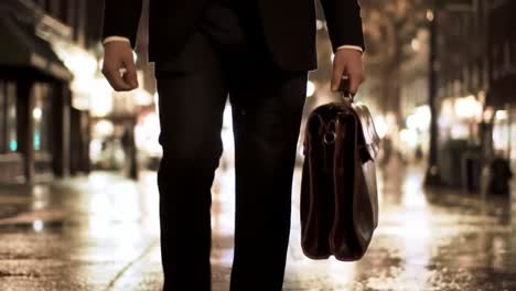a businessman walks through a rain-drenched street, carrying a briefcase, reflecting the glow of city lights in the evening atmosphere, signifying urban life and professionalism.