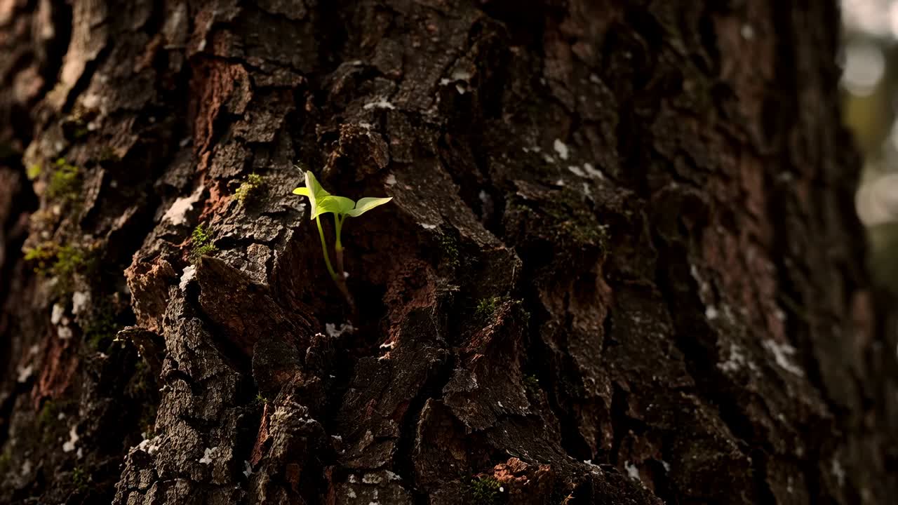 Unfurling small green seedling catching soft light, expanding stem from tree trunk crevice, moss