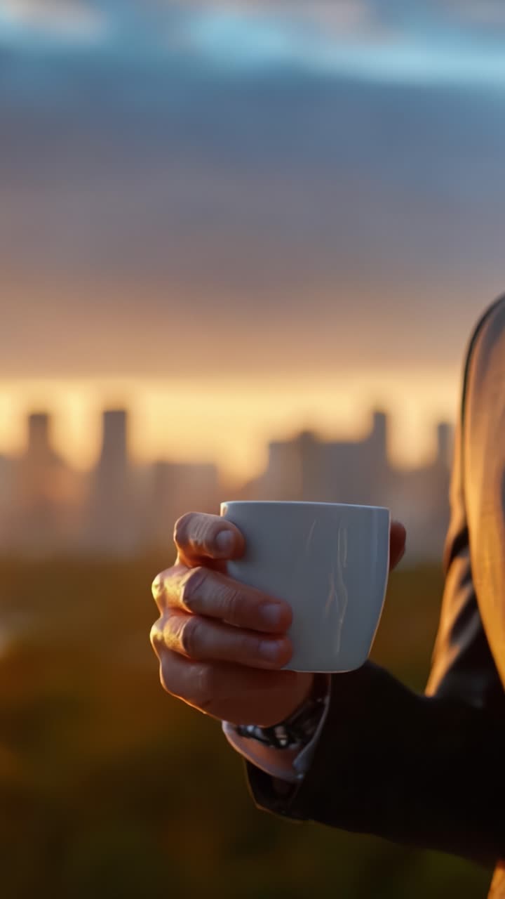 Un uomo che tiene elegantemente in mano una tazza bianca al tramonto, con vista sullo skyline della città, catturando l'essenza della raffinatezza e del piacere in un momento di tranquillità