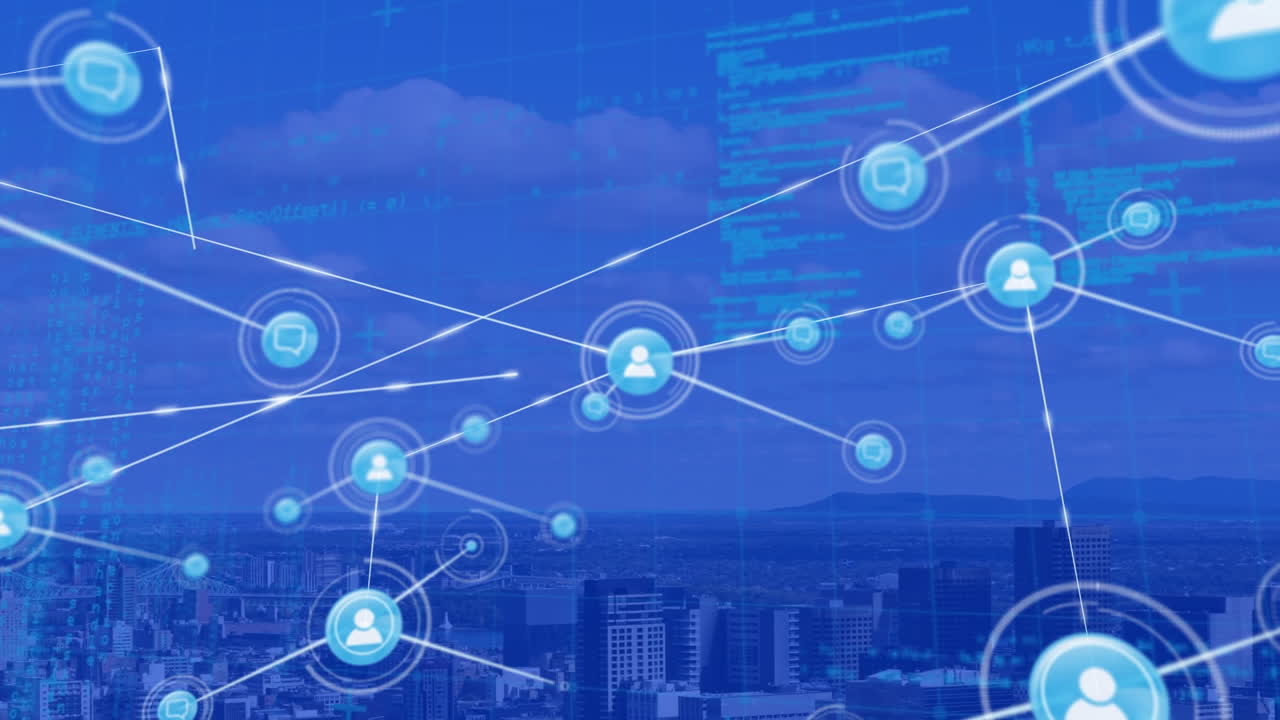 Animation of network of connections with icons and data over cityscape