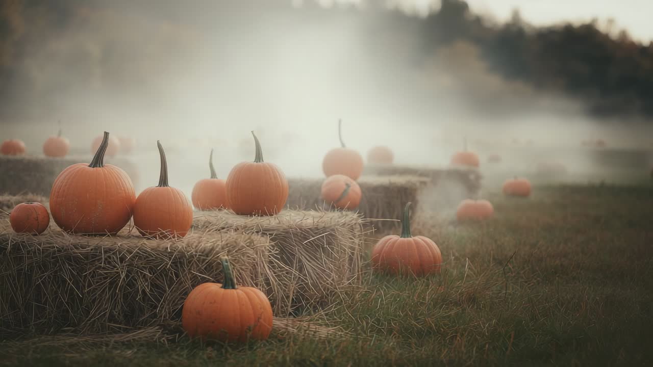 Breeze causing grass rustling and fog drifting in pumpkin patch, revealing pumpkins on hay bale
