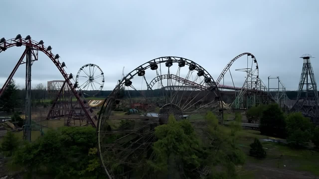Camera slowly pans right revealing a deserted amusement park with rollercoasters and ferris wheels