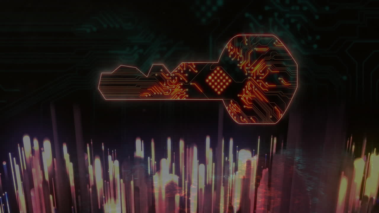 Animation of key icon with computer circuit board over light trails on black background
