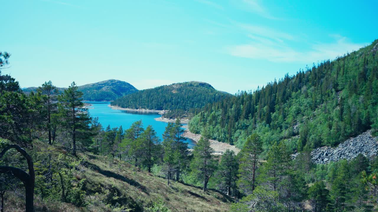 Panoramaudsigt over skovklædt bjergsø om sommeren