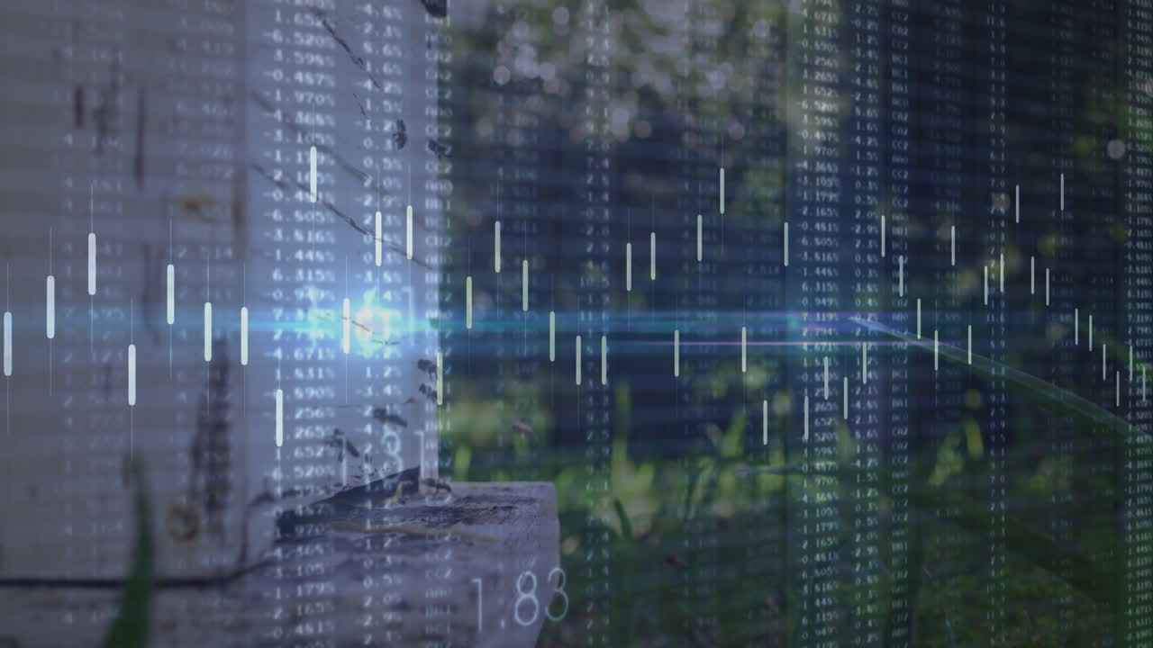 Animated trading chart overlay floating over outdoor ledge, showing price bars and scrolling data