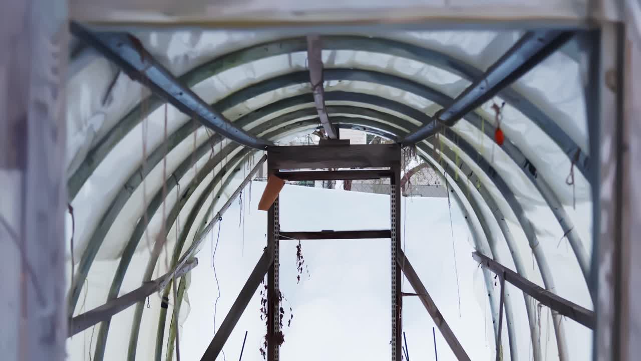 POV: movimiento en el interior de un antiguo invernadero de politúnel con techo y tuberías de plástico arqueadas, mirando hacia un patio nevado: vida rural y preparación invernal para el cultivo de la tierra.