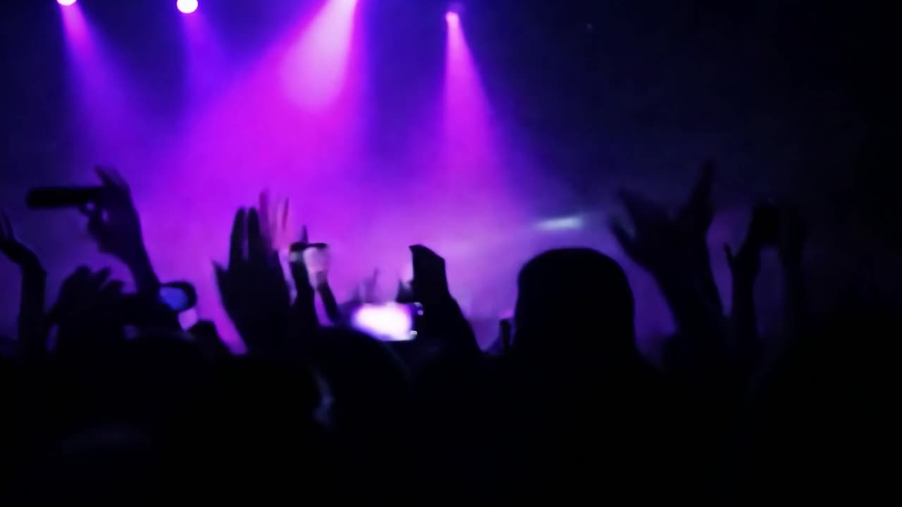 Musicisti che si esibiscono sul palco sotto i riflettori luminosi, mentre una folla entusiasta applaude e celebra l'intrattenimento dal vivo.