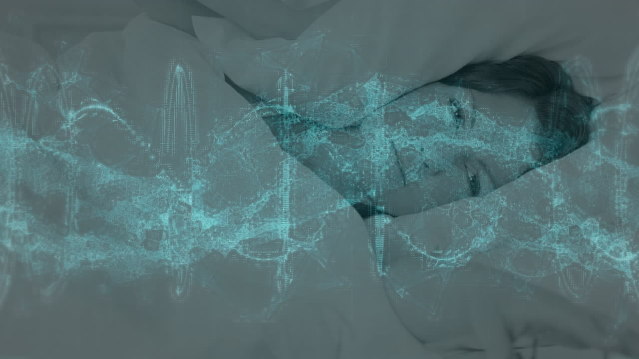 침대에 누워있는 아름다운 젊은 백인 여성 위에 원을 형성하는 dna 나선형의 애니메이션