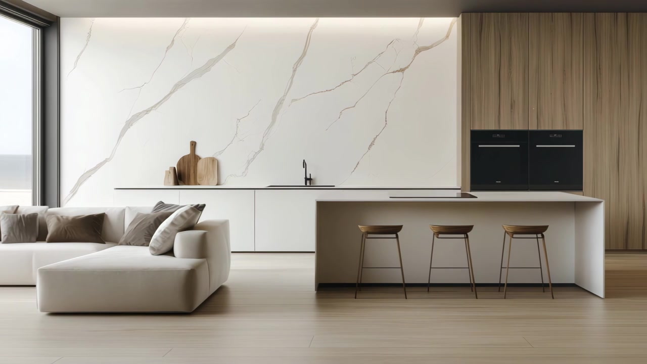 Interno moderno e minimalista di cucina e soggiorno open space