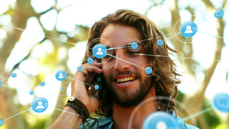 animation of connections over happy caucasian man having phone call