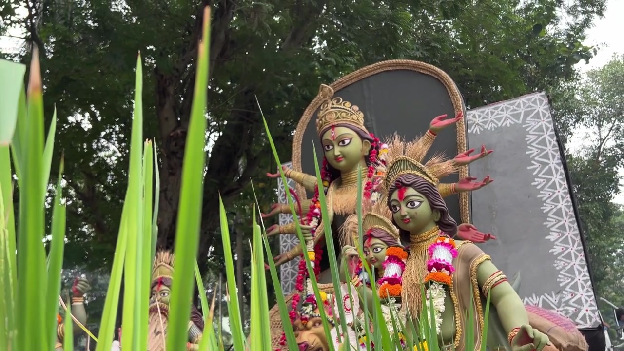 From a low angle behind the grass, the idols of Maa Durga, Laxmi, and Kartick are visible through gaps in the grass.