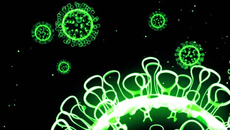 green glowing holographic image of coronavirus like covid-19 virus or influenza virus flies in air or float smoothly on black background. 3d animation in 4k looped. for informational presentation.