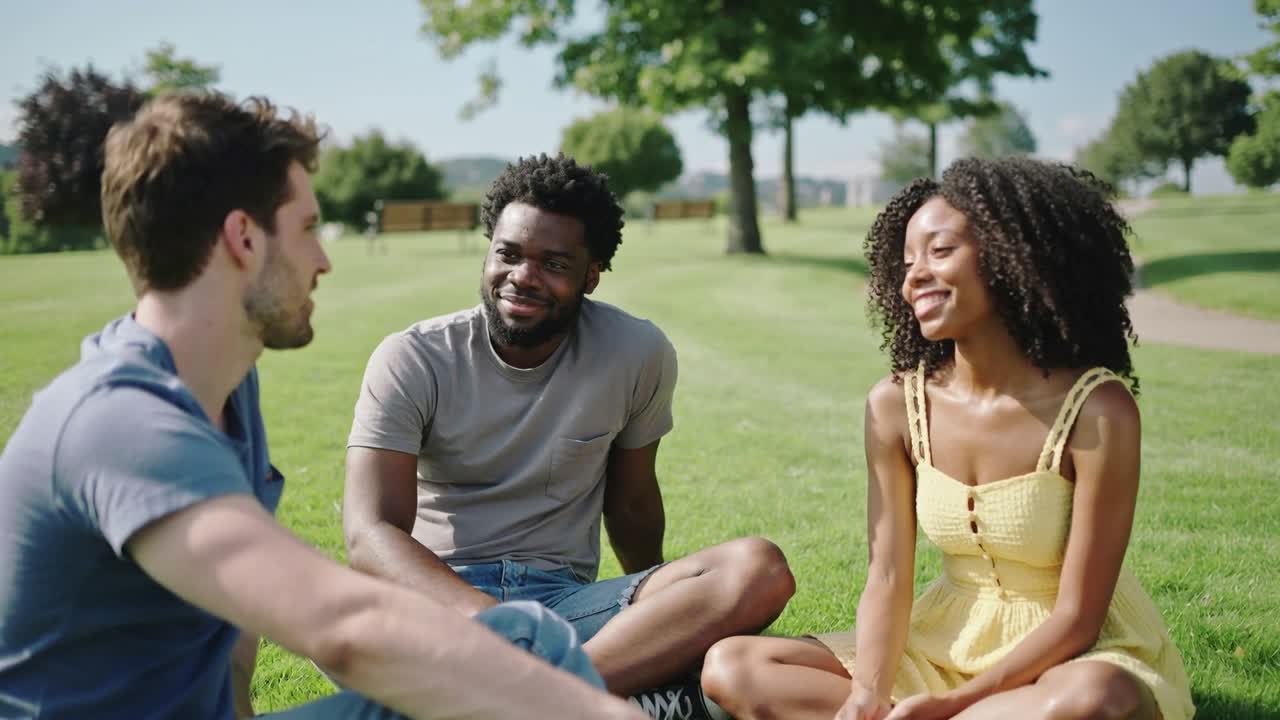 Turning left man initiating chat, three friends seated on park lawn catching up, yellow sundress