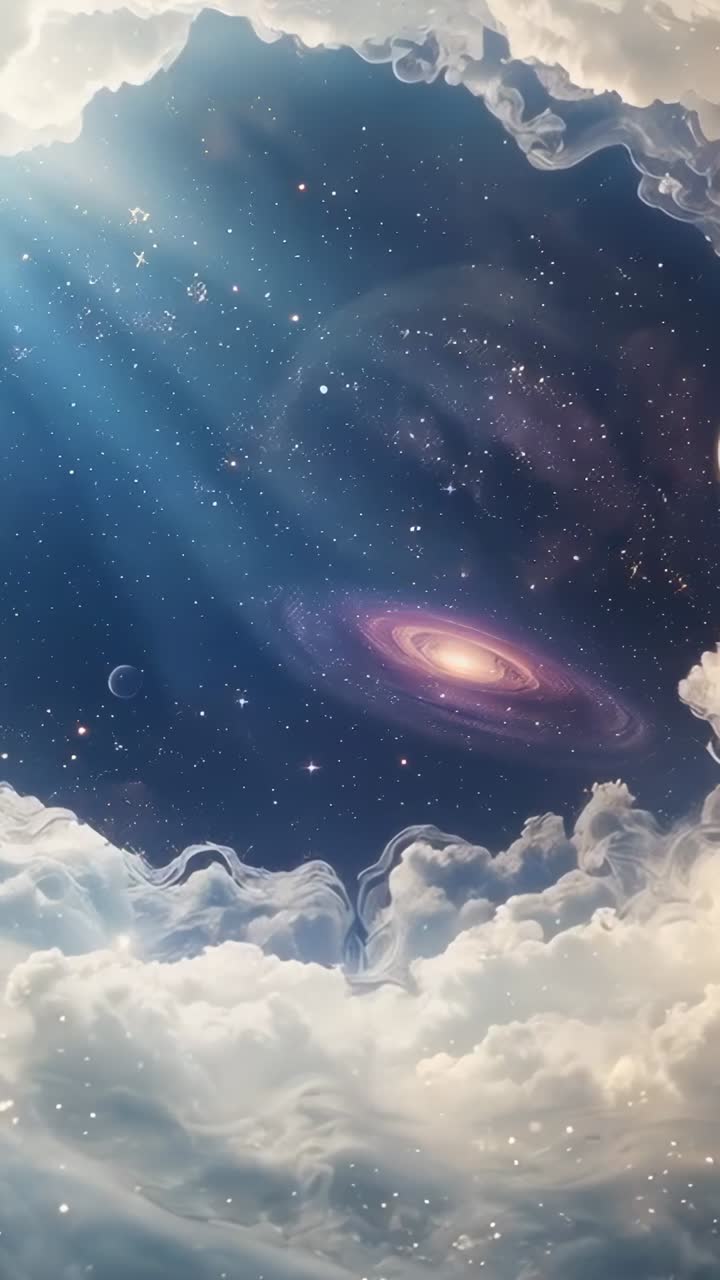 Vertical video: Shifting clouds revealing stars through opening, pink galaxy, left planet and beams