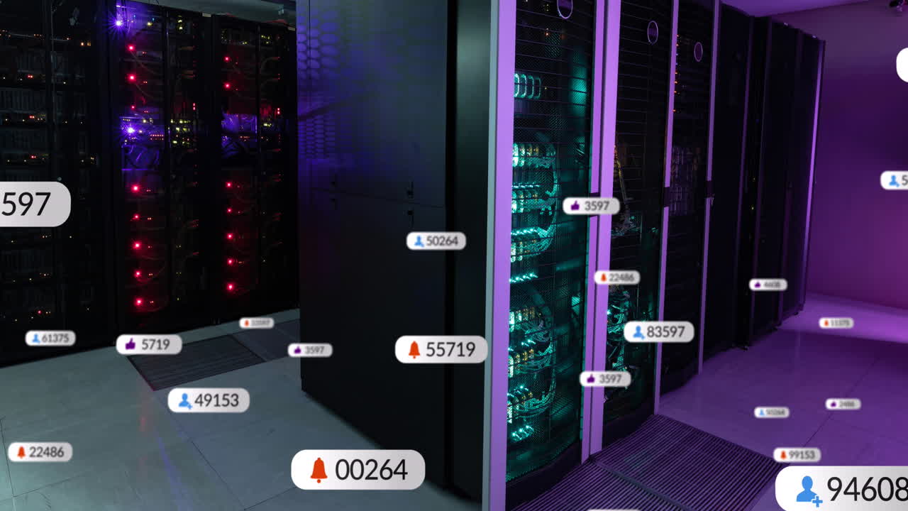 animación de los iconos de las redes sociales contra la sala de servidores de computadoras