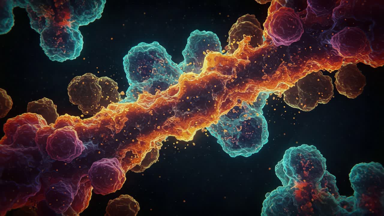 An Intricate Visualization of Microscopic Cellular Structures: A Journey Through Colorful, Interconnected Micro-Organisms in a Dynamic Biological Environment
