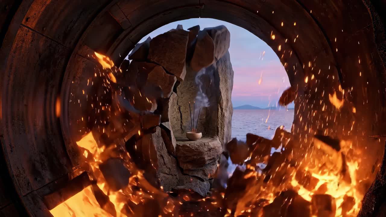 Drammatica esplosione di fuoco da un'apertura di fornace con incenso e vista sull'oceano