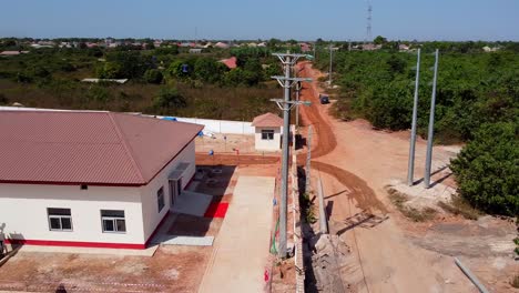 aerial wide panorama of completed beautiful solar power plant control building and bess area