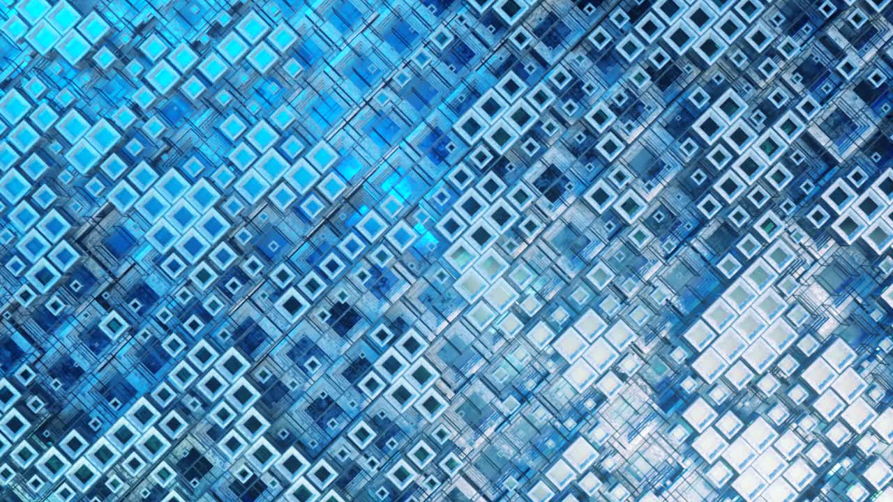 animación 3d de coloridas filas de vidrio de cubos flotando a través del prog en 4k, creando una textura de tecnología de fondo gráfico abstracto. renderizado 3d de bucle sin costuras. color azul