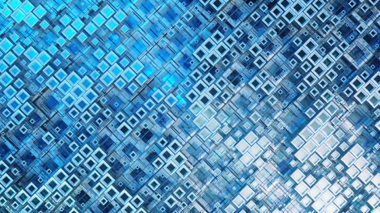 3D animation of colorful glass rows of cubes floating through the prog in 4K, creating an abstract graphic background technology texture. Seamless loop 3d render. Blue color
