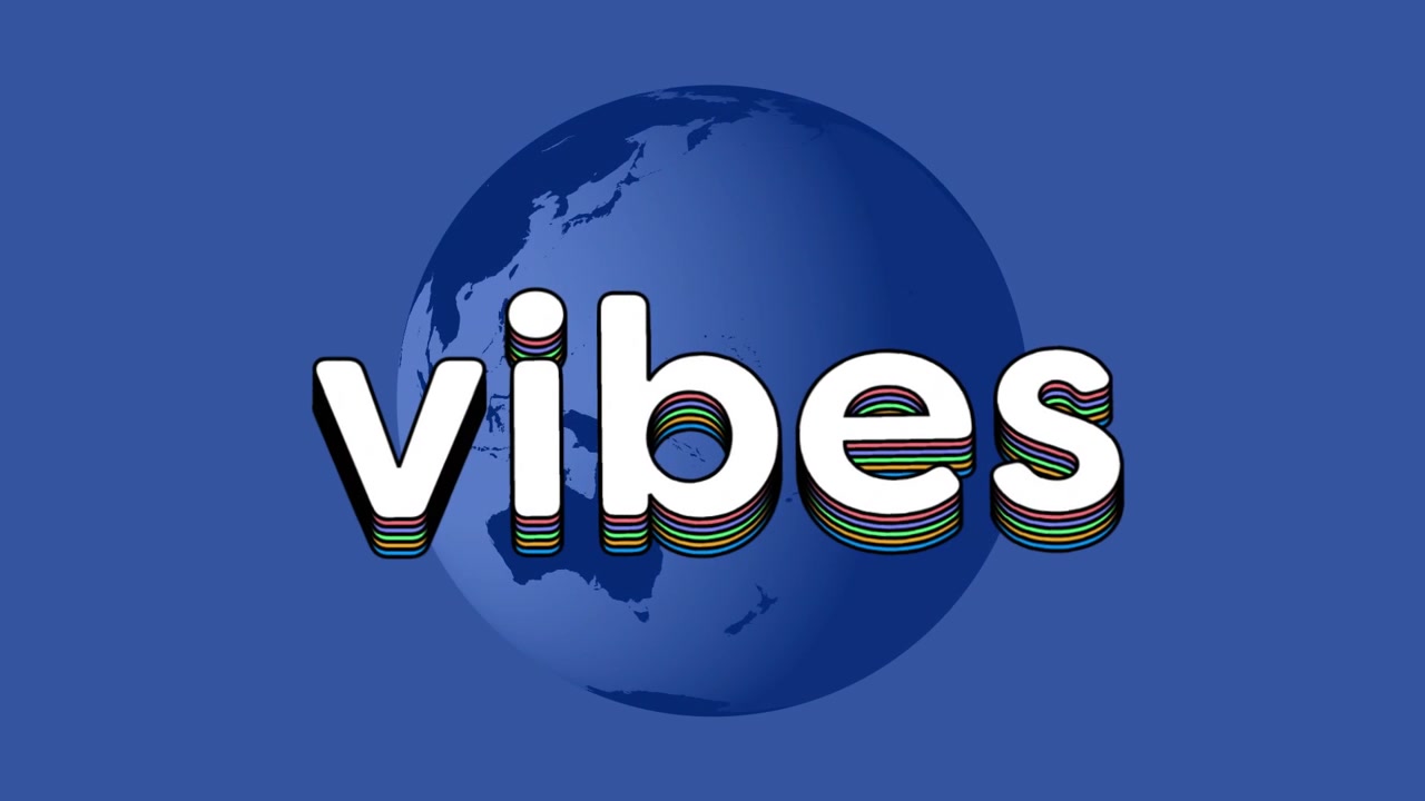 Globe rotating, vibes rising, shifting to white layered text with pink offset revealing logo