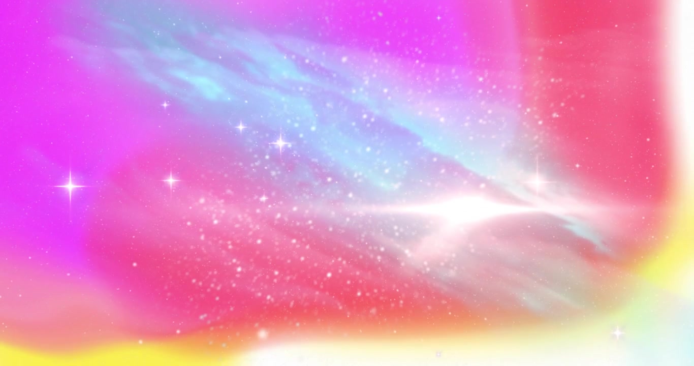 パステル星雲が広がり、渦巻くきらめきの中から青い光条が現れ、黄色い輝きを増していく。