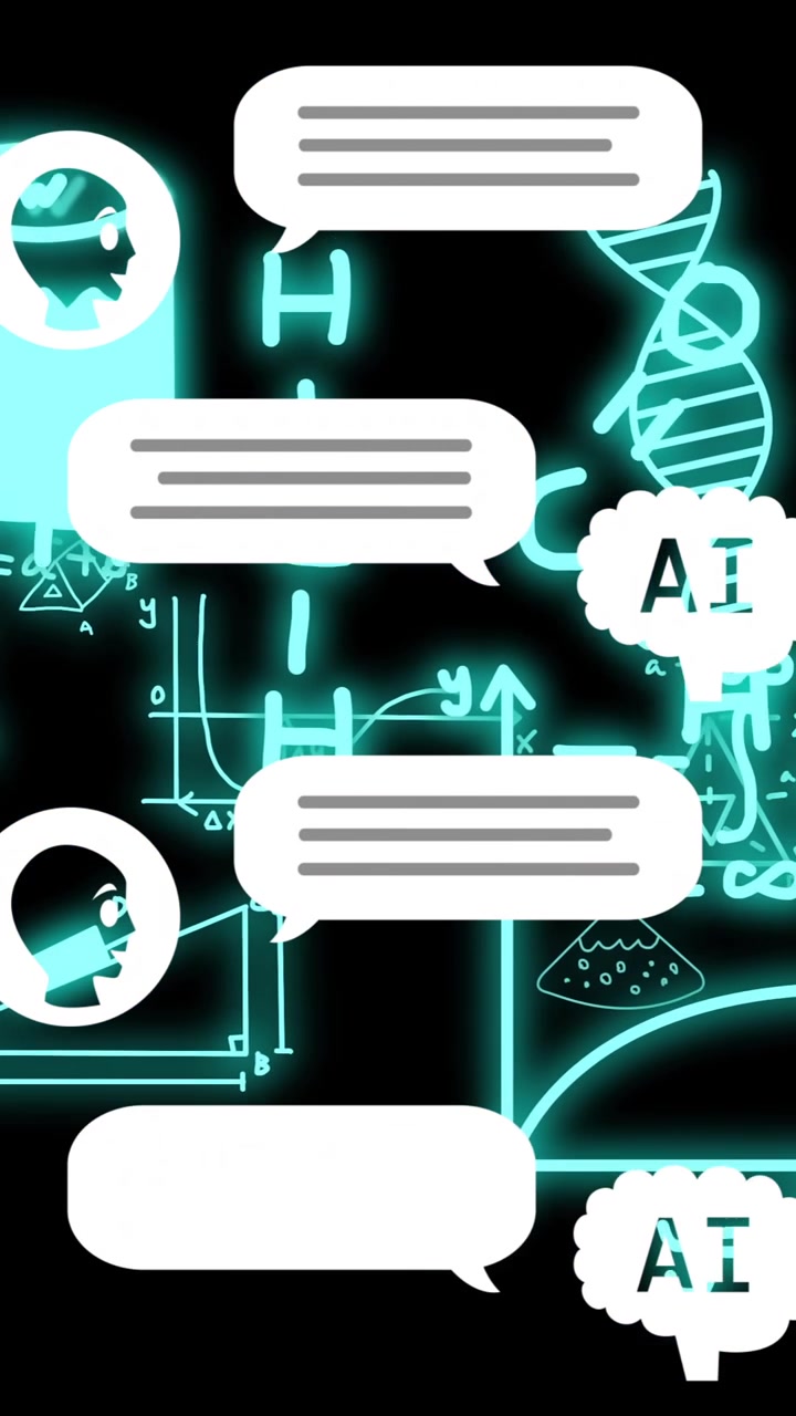 Animation af AI-tekst og videnskabelig databehandling over sort baggrund.