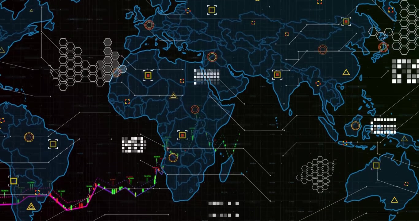 On startup blue map outline expanding icons shifting chart line rising visualizing market trends