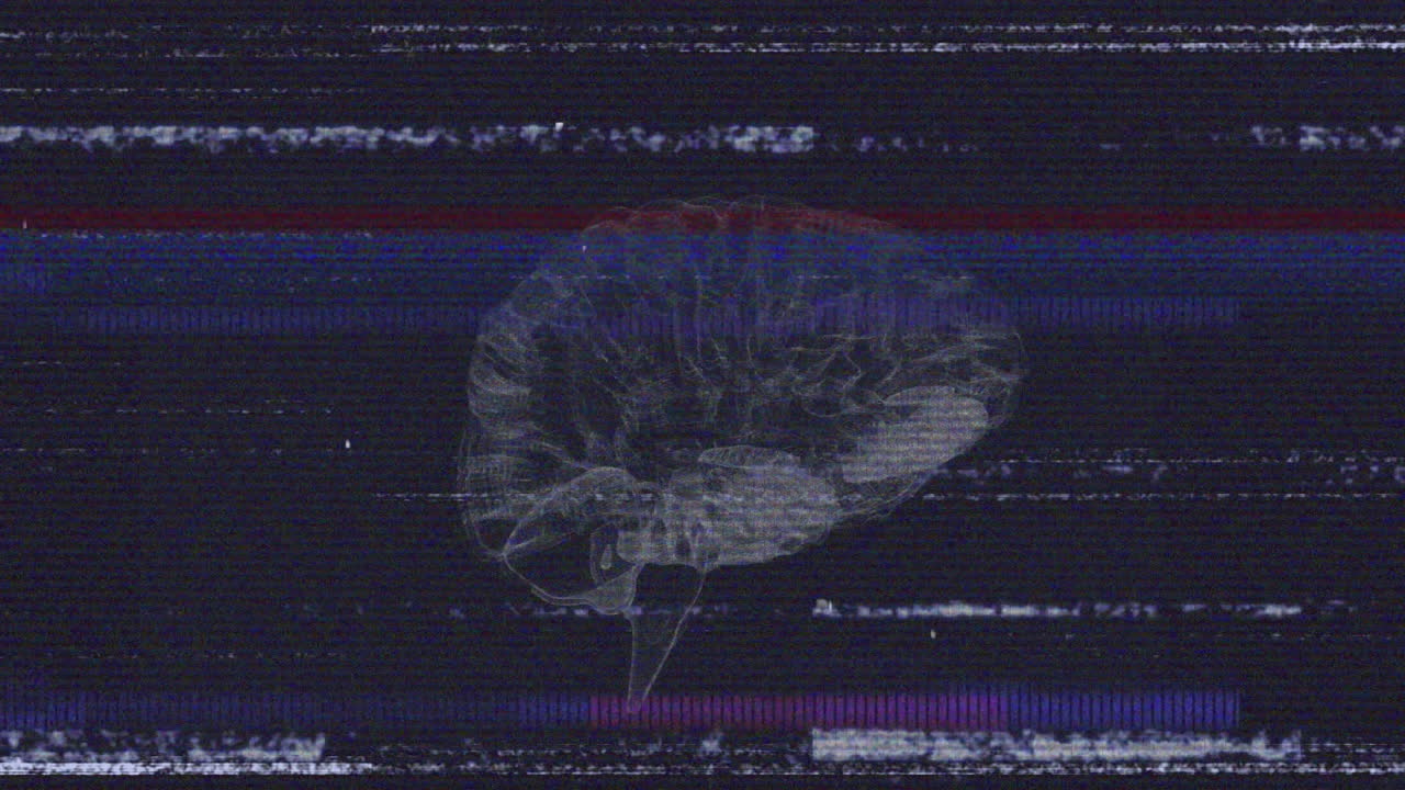 Animation of glitchy static lines over abstract globe on dark background