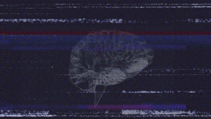 Animation of glitchy static lines over abstract globe on dark background