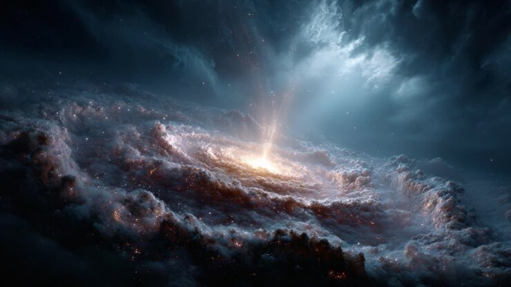 Una scena cosmica mozzafiato che raffigura la formazione di una nebulosa stellare con gas celesti e polvere intrecciati, che illuminano l'oscurità dello spazio