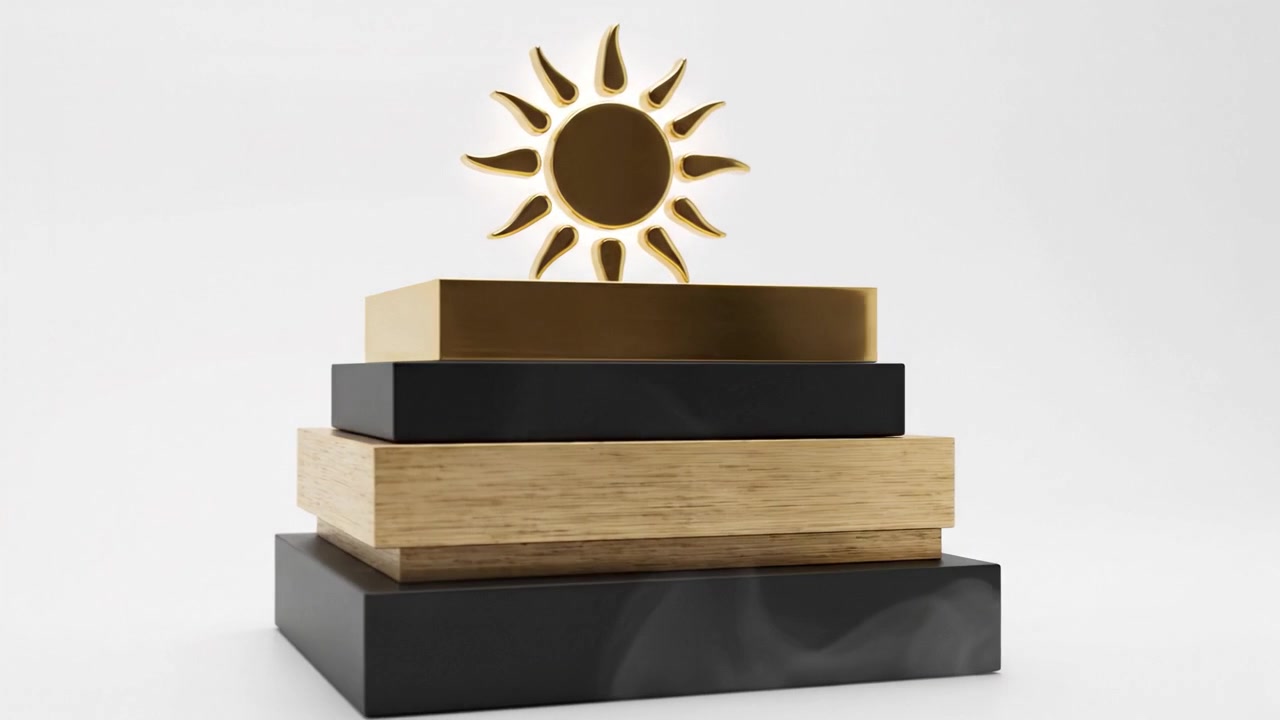 Un emblème de soleil doré affiché sur une plateforme multicouche de divers matériaux, mettant en valeur l'élégance et le design artistique dans un cadre minimaliste.