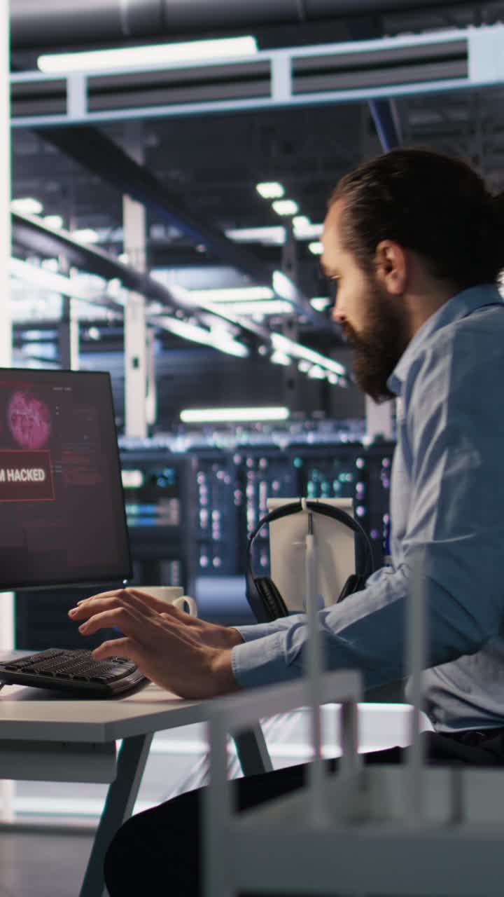 Vertical video Engineer and manager in server room responding to ransomware detection