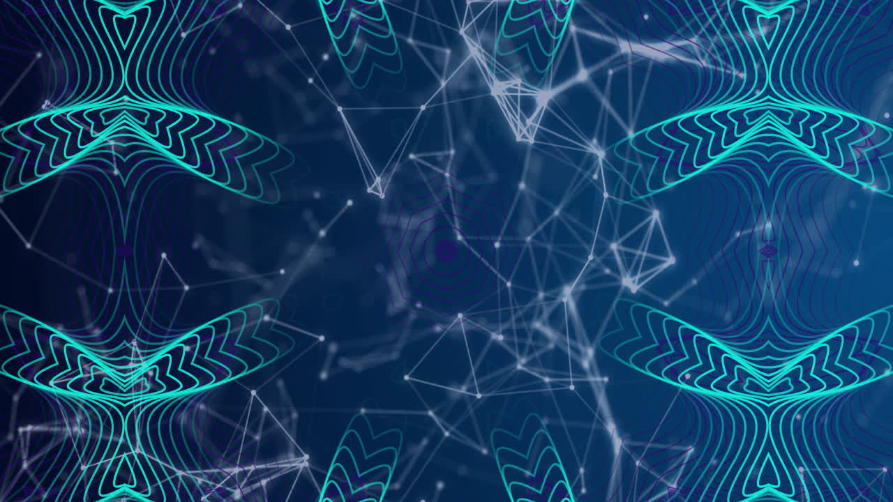 Network mesh being animated in scene, with mirrored turquoise contours and glowing nodes