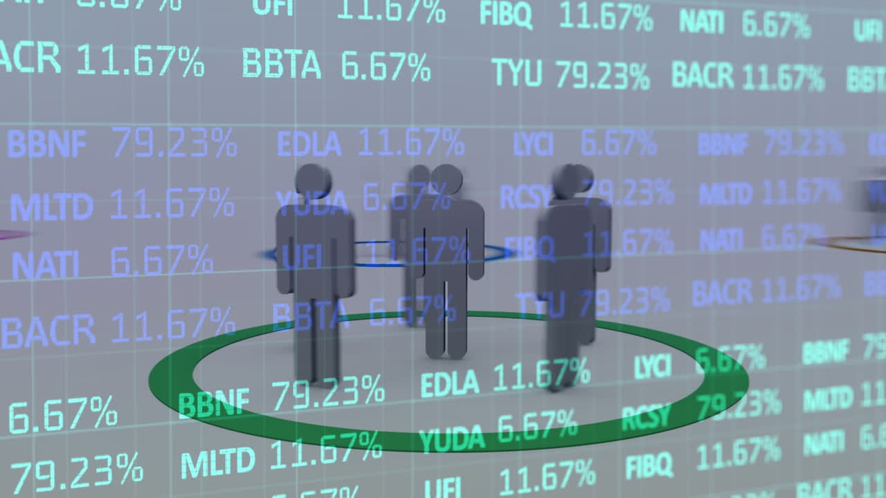 人とのつながりのネットワークのアニメーション アイコンと金融データ処理