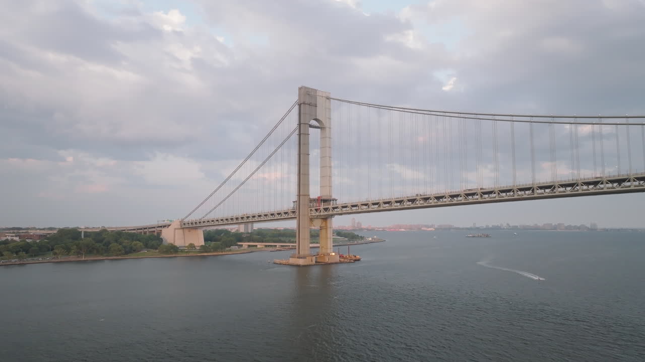 Aerial view of the Verrazzano-Narrows Bridge at dusk. Shot in Brooklyn, New York on a summer day