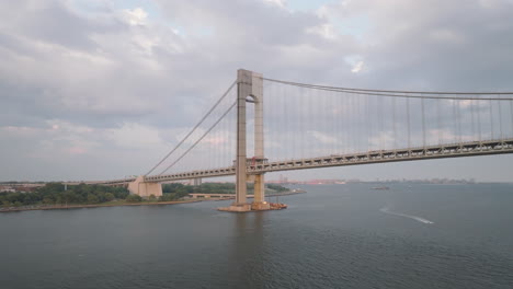 Aerial view of the Verrazzano-Narrows Bridge at dusk. Shot in Brooklyn, New York on a summer day