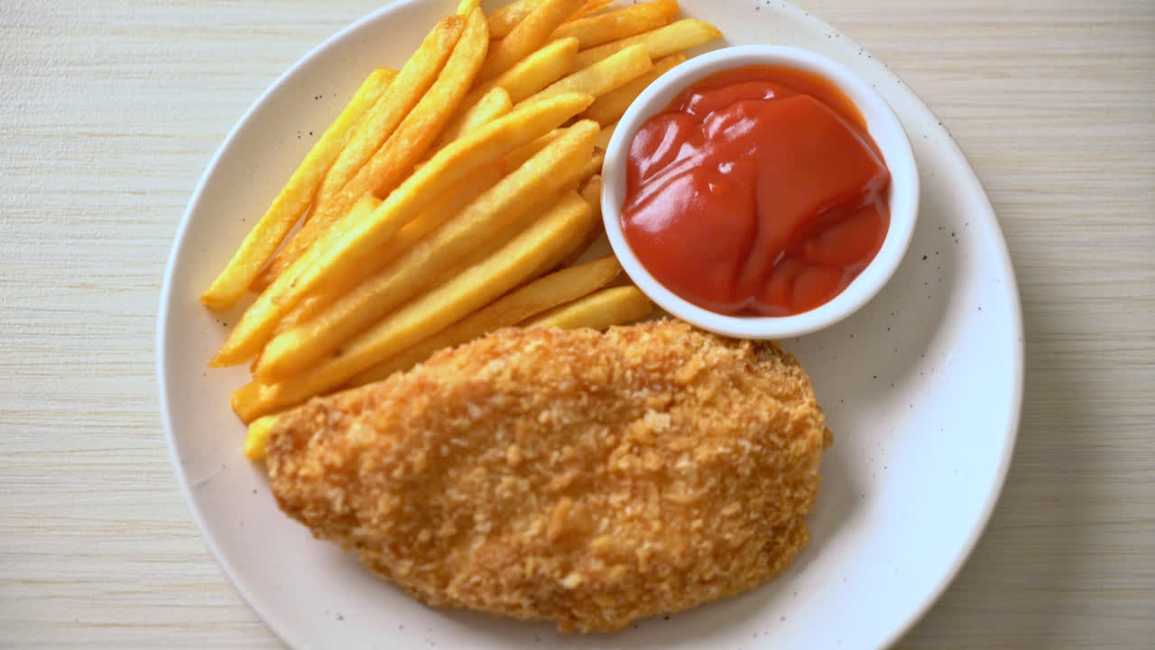 filete de pechuga de pollo frito con papas fritas y ketchup