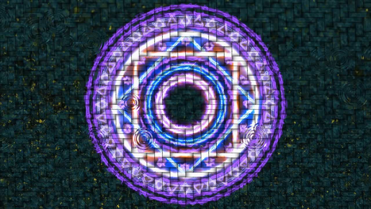 caída de lluvia y efecto de onda en el suelo de ladrillo con círculo de llama mágica poderosa energía azul trueno con anillo de nebulosa y revisar al final