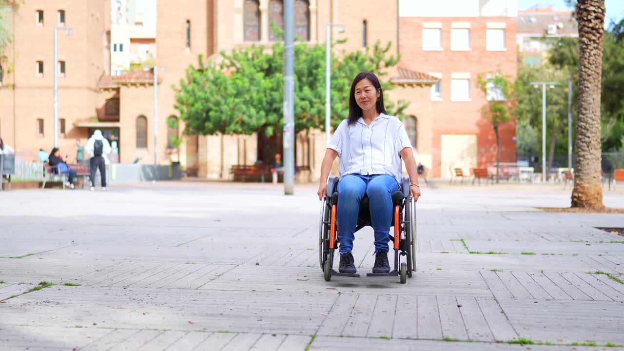 Images of a woman in a wheelchair in an urban environment