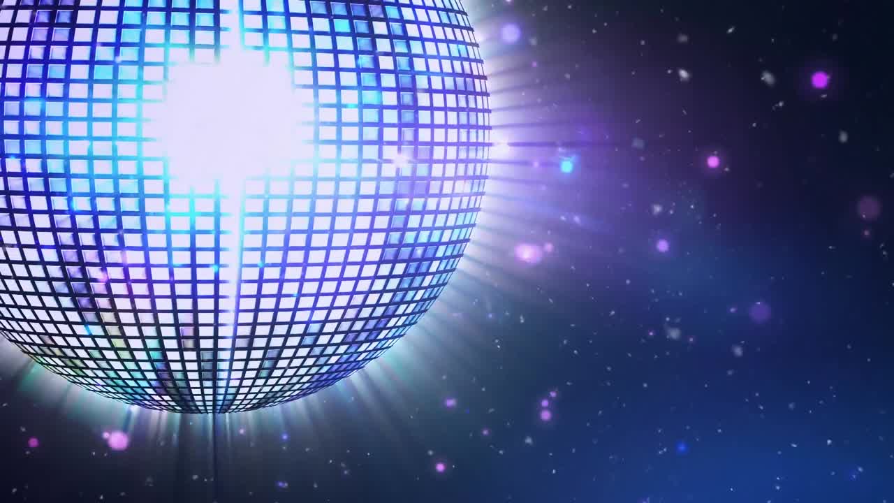 animación digital de una brillante pelota de discoteca girando contra puntos de luz sobre un fondo púrpura