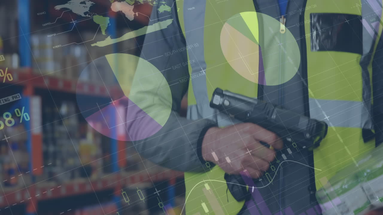 animación de estadísticas y procesamiento de datos financieros sobre el hombre que trabaja en el almacén