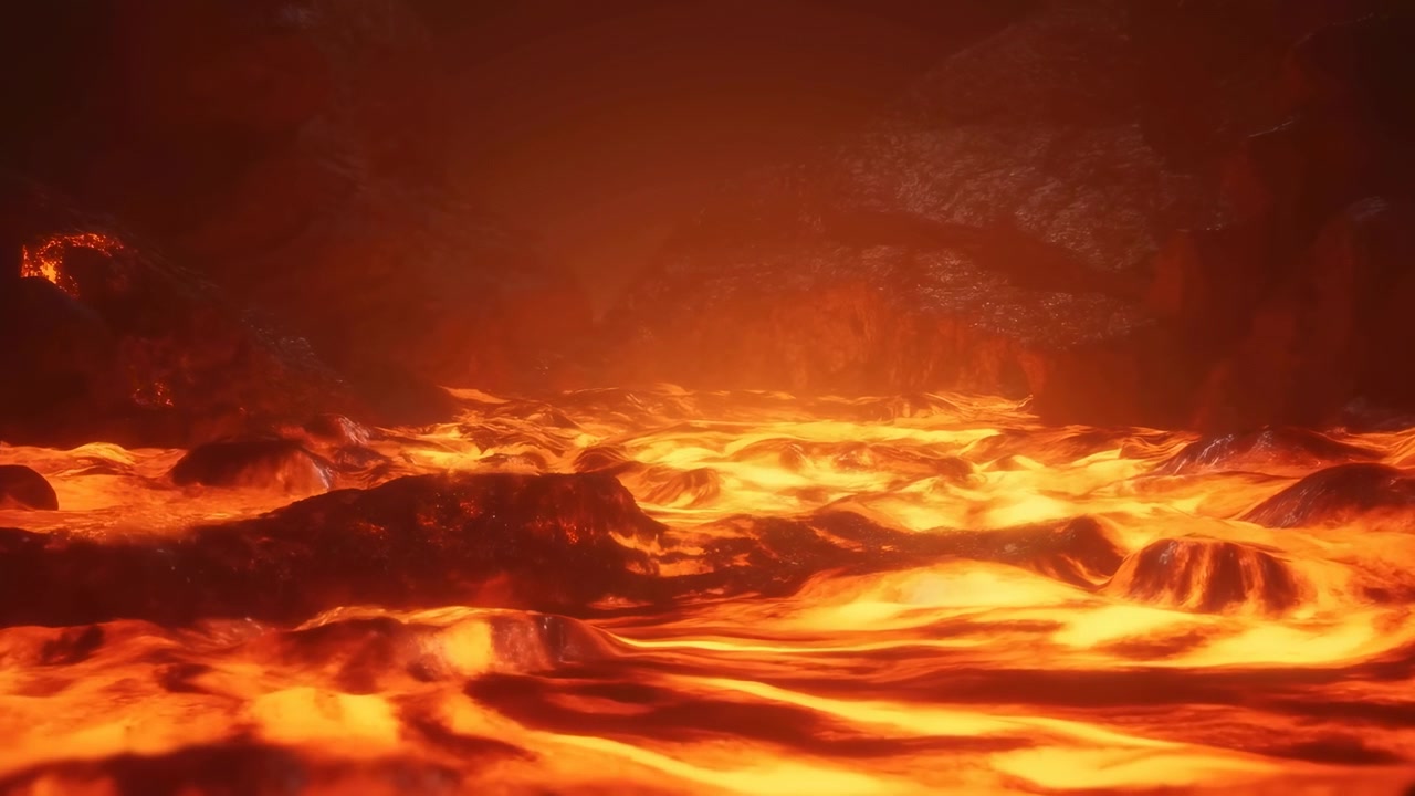 Expansive molten lava fills underground cavern, casting intense yellow and orange light across rough basalt walls, with glossy ripples, heat shimmer, ember glow and deep shadow, with lava, molten