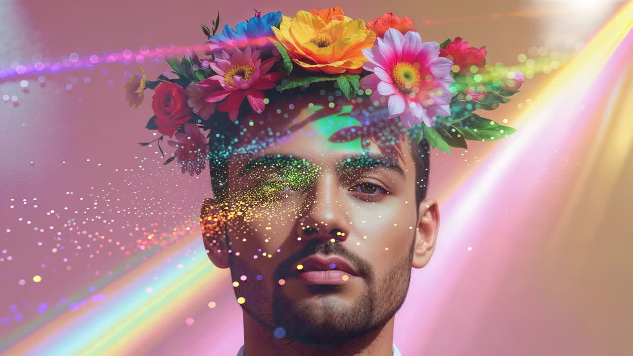 Vibrant Portrait of a Man with Flower Crown and Ethereal Sparkles