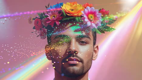 vibrant portrait of a man with flower crown and ethereal sparkles