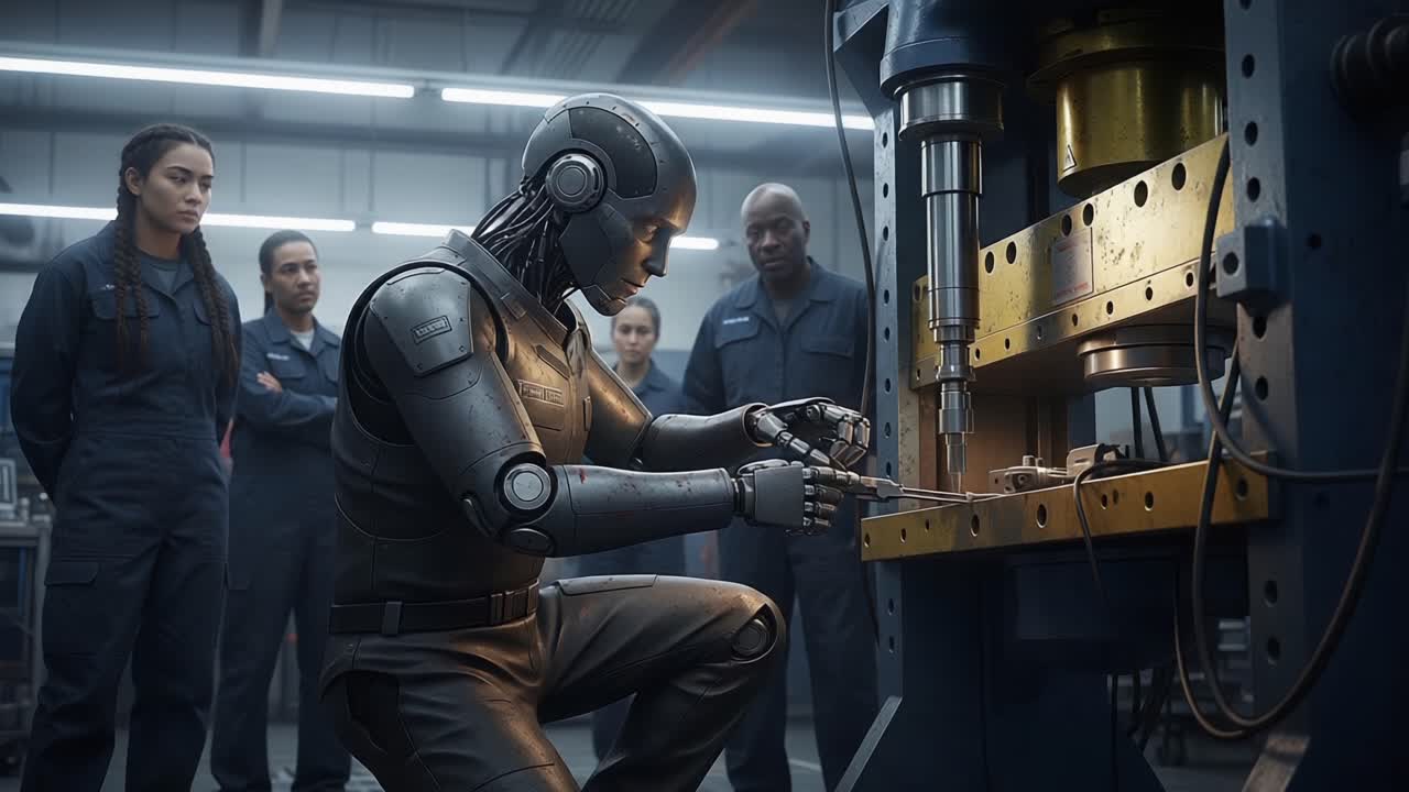 An Advanced Robot Operates a High-Tech Machine While a Group of Observers Enthusiastically Watches in a Modern Workshop Environment