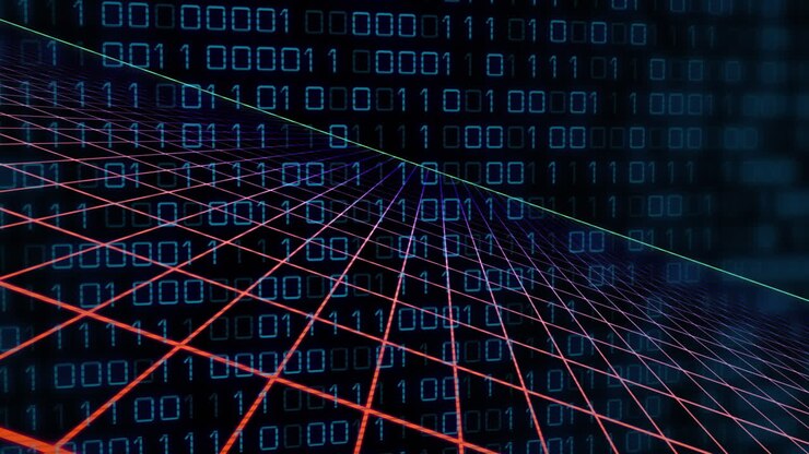 Animation of grid pattern over looping binary codes against black background