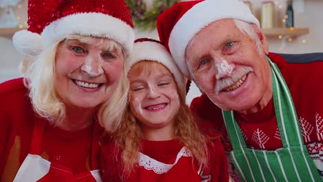 POV-of-senior-grandparents-with-granddaughter-kid-taking-selfie-on-mobile-phone-on-Christmas-kitchen