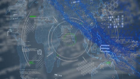 Animación-Del-Escaneo-Del-Alcance-Sobre-El-Procesamiento-De-Datos-Con-Un-Mapa-Mundial