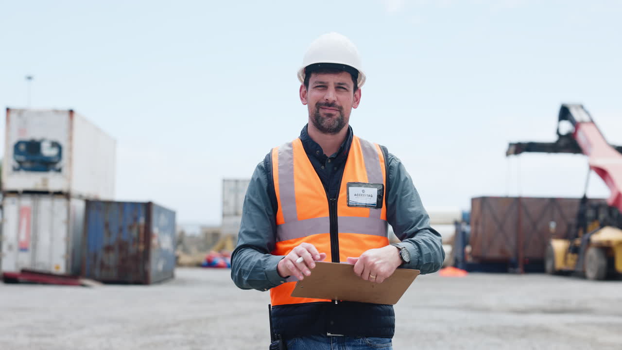 Ingeniero profesional escribiendo en un portapapeles en un sitio industrial